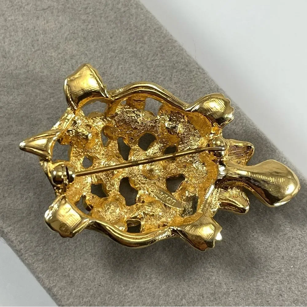 Vintage Avon Goldtone Turtle Brooch Multi-color Rhinestone Flowers & Bow Tie